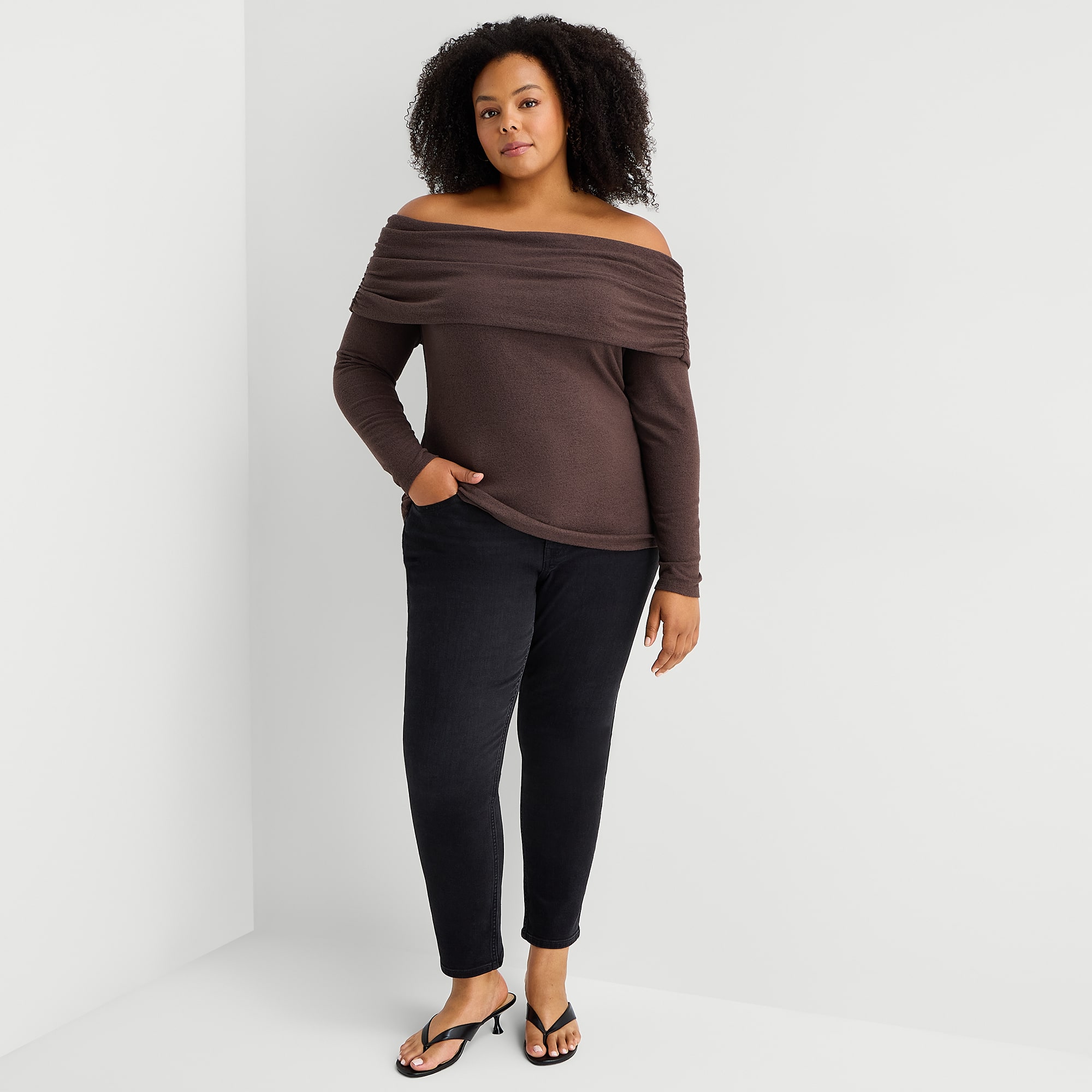 A.N.A Womens Plus Asymmetrical Neck Long Sleeve T-Shirt