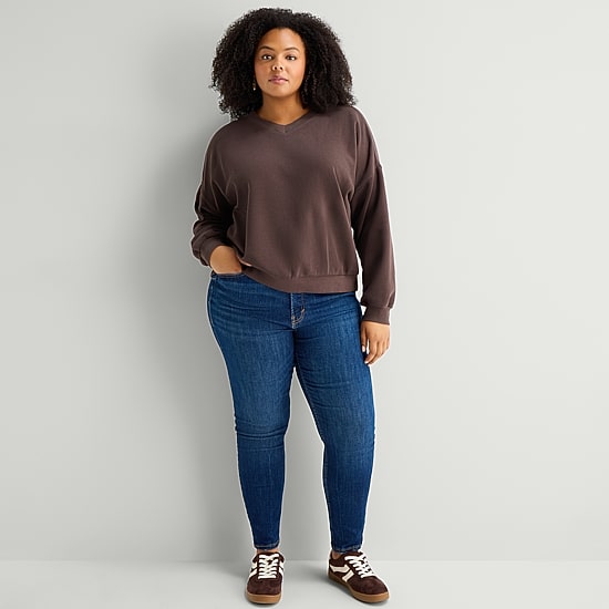 A.N.A Womens Plus V Neck Long Sleeve Sweatshirt