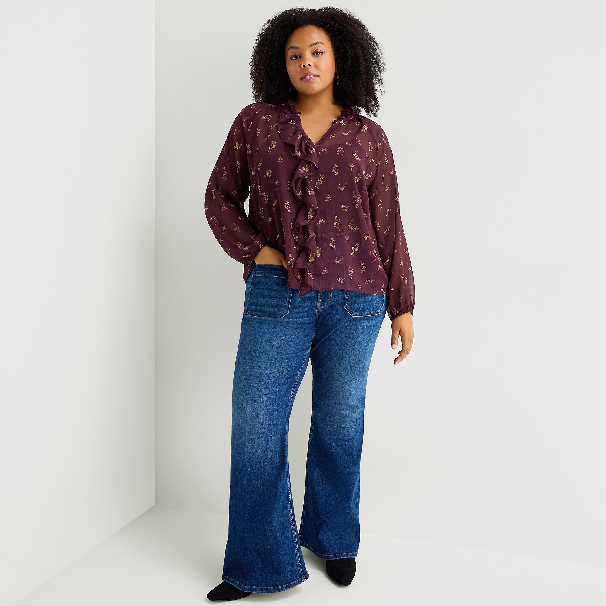 A.N.A Ruffle Womens Plus V Neck Long Sleeve Blouse