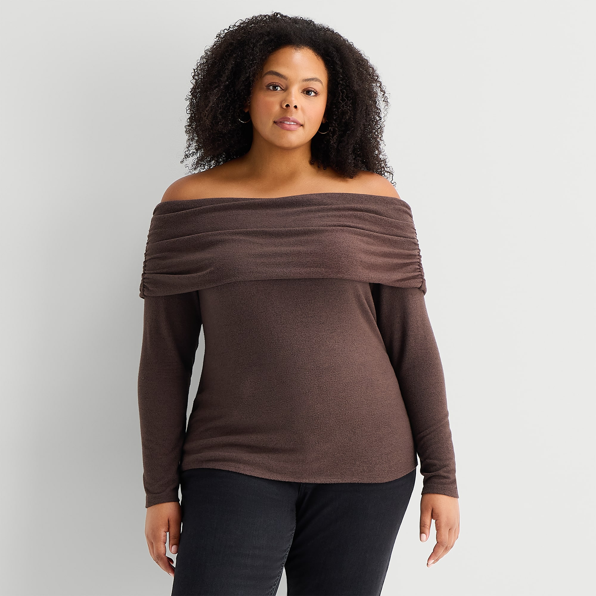 A.N.A Womens Plus Asymmetrical Neck Long Sleeve T-Shirt