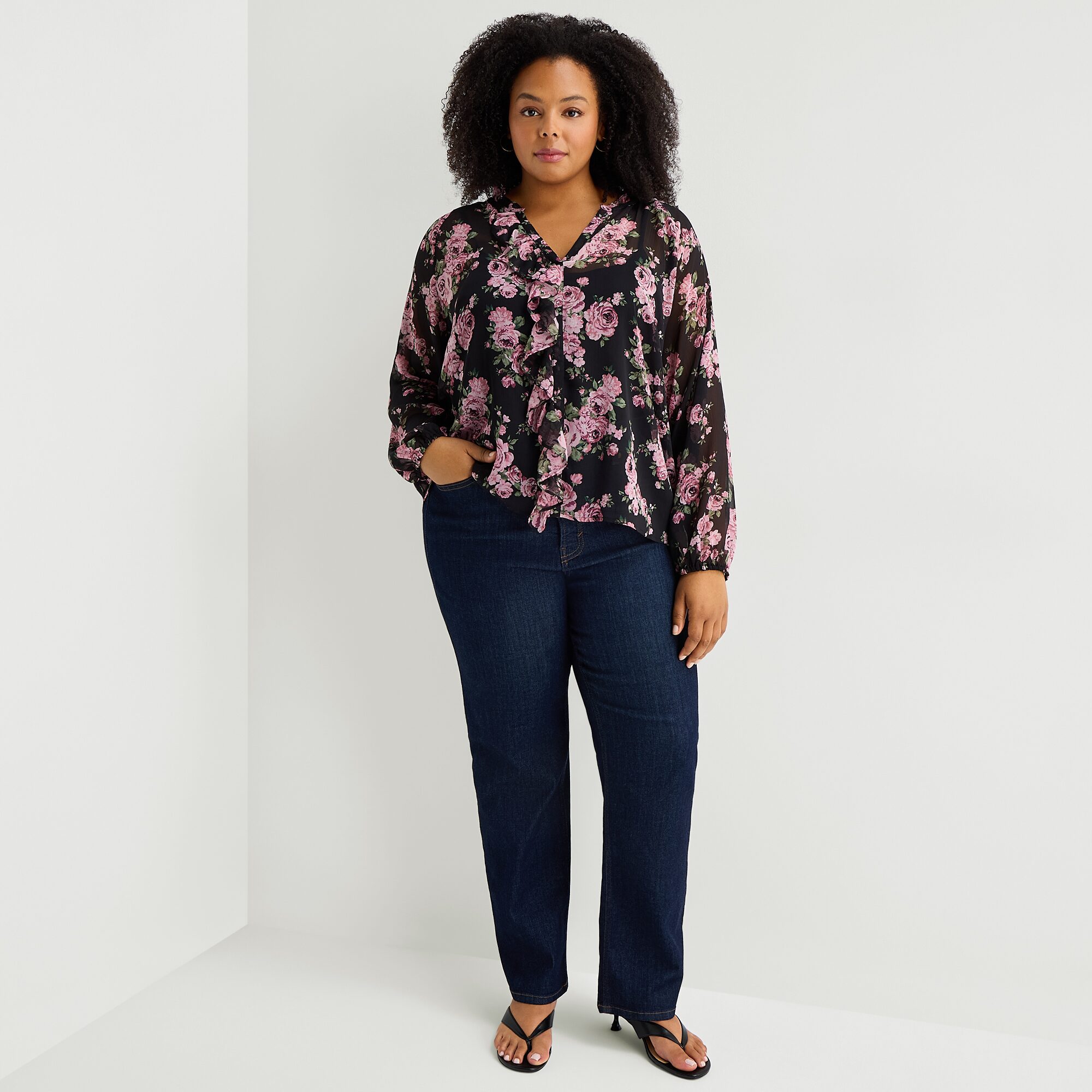 A.N.A Ruffle Womens Plus V Neck Long Sleeve Blouse