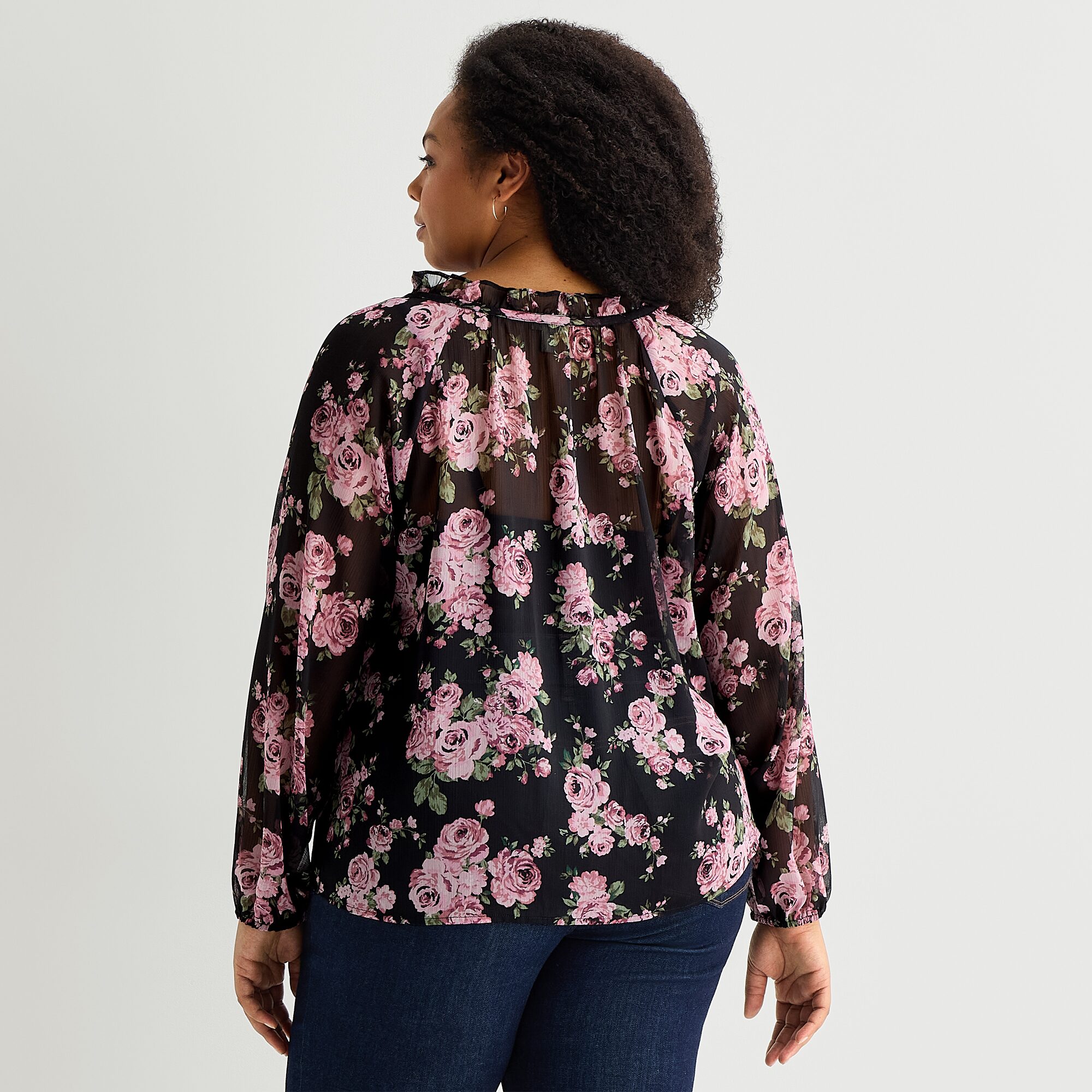 A.N.A Ruffle Womens Plus V Neck Long Sleeve Blouse