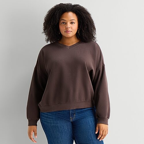 Ana Womens Plus V Neck Long Sleeve Sweatshirt In Brown