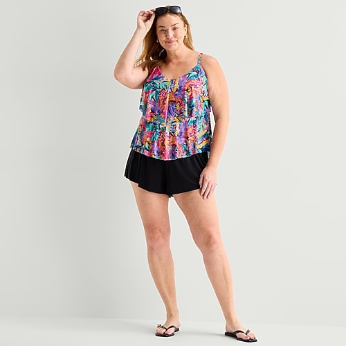 Trimshaper Womens Leaf Plus Tankini Swimsuit Top In Pink