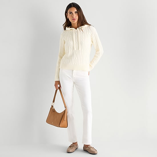 St. John's Bay Womens Hooded Long Sleeve Cable Knit Pullover Sweater
