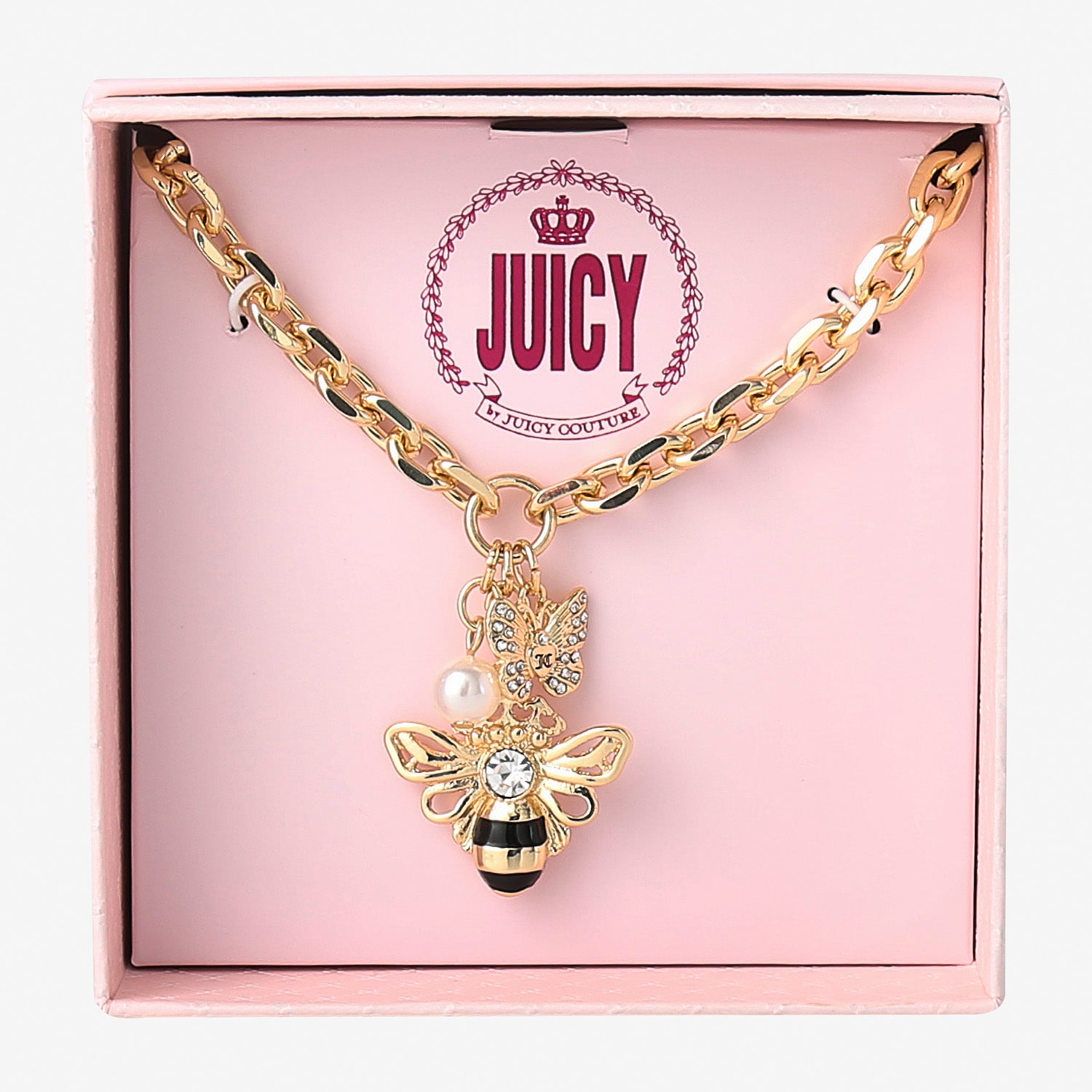 Juicy By Juicy Couture Gold Tone Queen Bee Womens Crystal Simulated Pearl Alloy Crown 18 Inch Pendant Necklace