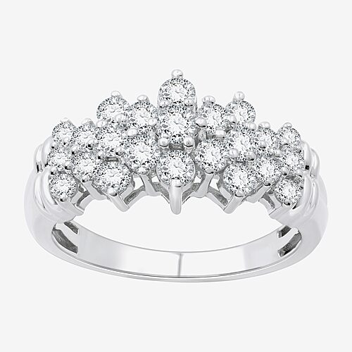 (F / Si1-Si2) Womens 1 CT. T.W. Lab Grown White Diamond Sterling Silver Cluster Cocktail Ring, 6, White
