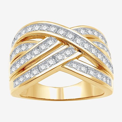 (F / Si1-Si2) Womens 3MM 1 CT. T.W. Lab Grown White Diamond 14K Gold Over Silver Crossover Band, 5, Yellow