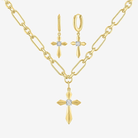 Religious Jewelry (G-H / Si1-Si2) Womens 1/10 CT. T.W. Lab Grown White Diamond 14K Gold Over Brass Cross 2-pc. Jewelry Set