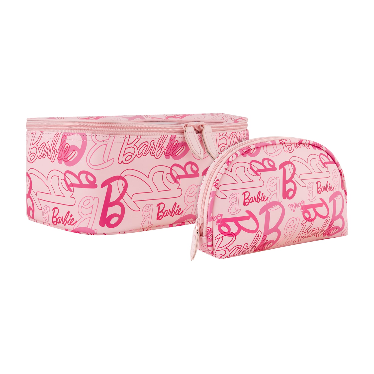 Barbie 2-Piece Travel Cosmetic Case Set – Pink All-Over Logo Design with Dual Zipper Pulls
