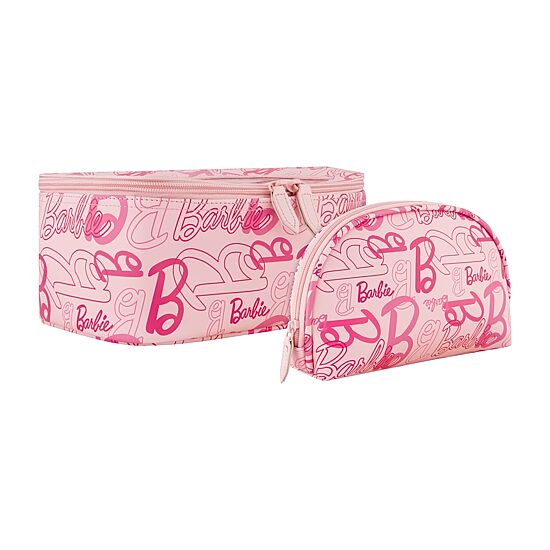 Barbie 2-Piece Travel Cosmetic Case Set – Pink All-Over Logo Design with Dual Zipper Pulls