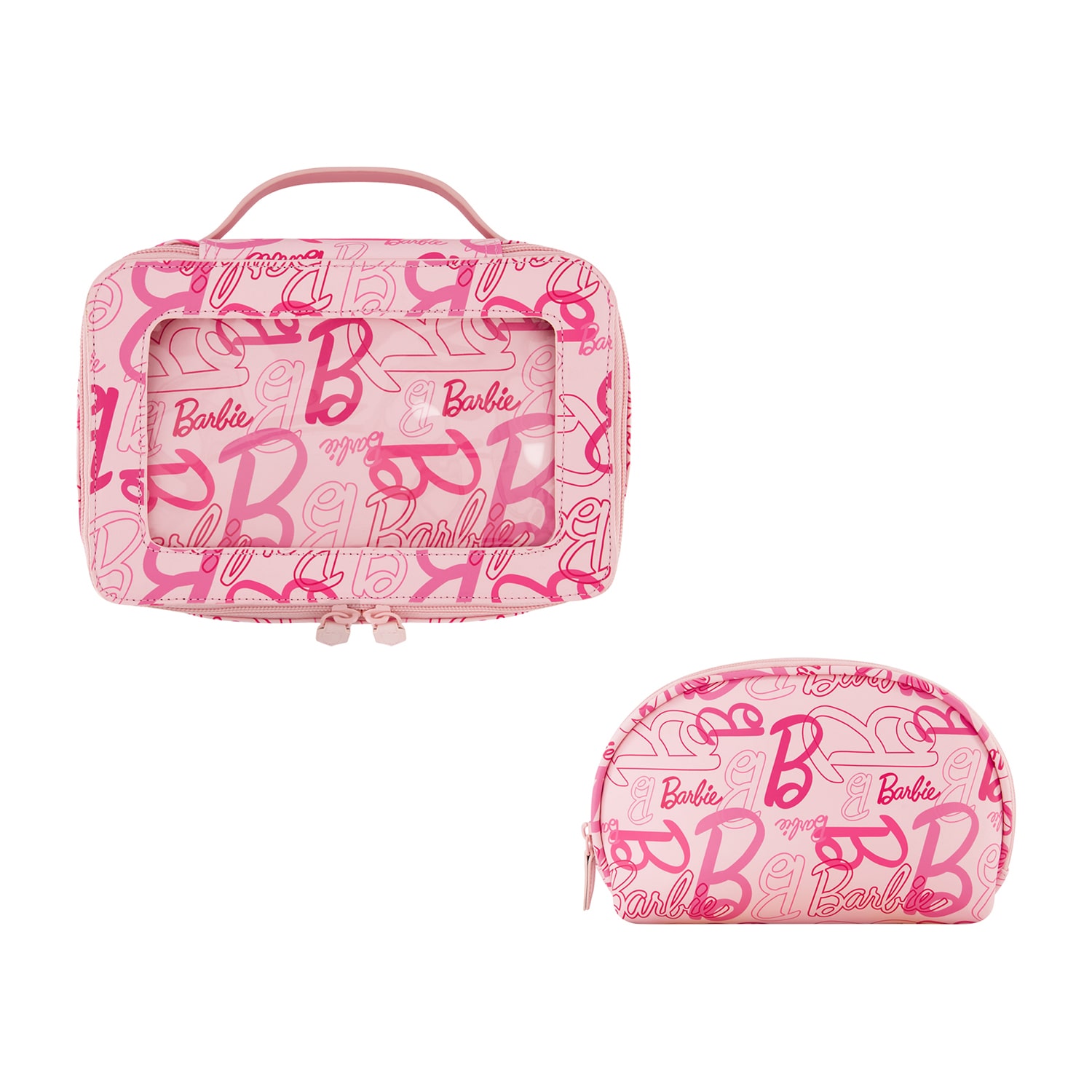 Barbie 2-Piece Travel Cosmetic Case Set – Pink All-Over Logo Design with Dual Zipper Pulls