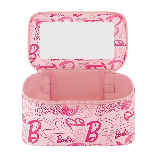 Barbie 2-Piece Travel Cosmetic Case Set – Pink All-Over Logo Design with Dual Zipper Pulls