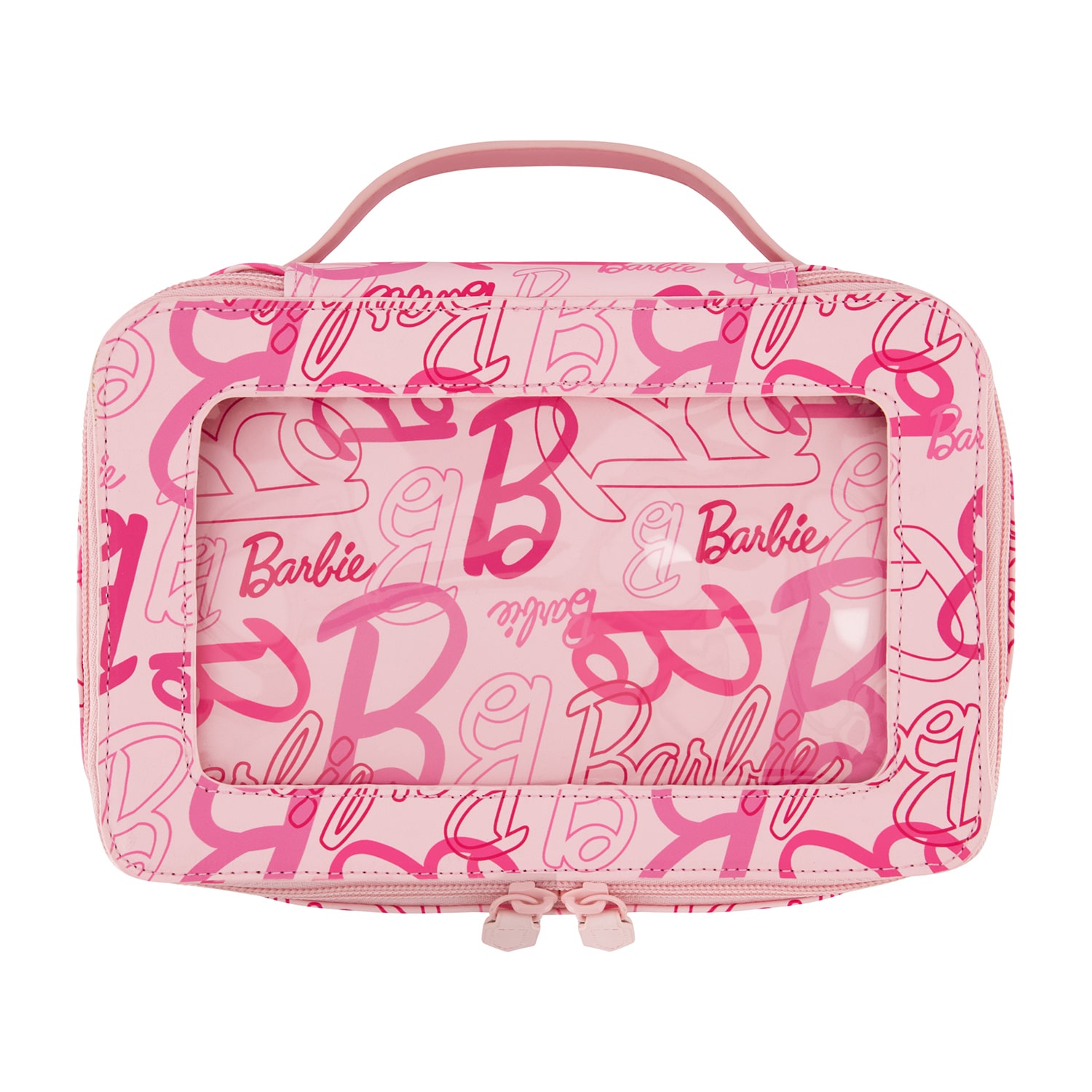 Barbie 2-Piece Travel Cosmetic Case Set – Pink All-Over Logo Design with Dual Zipper Pulls