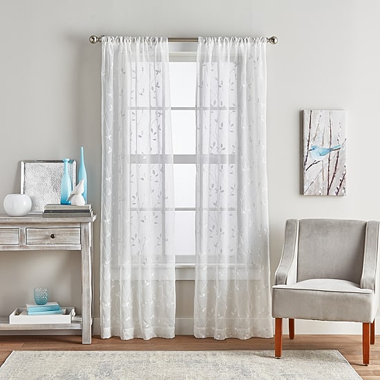 CHF Botanical Embroidery Rod Pocket Embroidered Sheer Set of 2 Curtain Panel