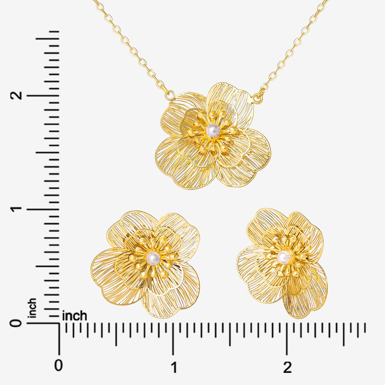 JS Jessica Simpson Gold Tone Pendant Necklace & Stud Earring Womens White Simulated Pearl Flower 3-pc. Jewelry Set