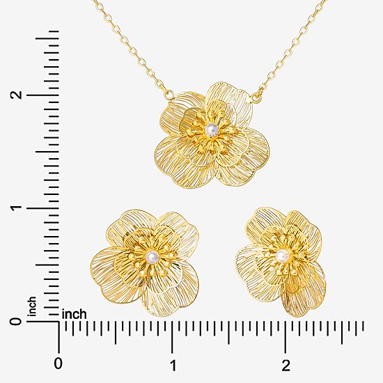 JS Jessica Simpson Gold Tone Pendant Necklace & Stud Earring Womens White Simulated Pearl Flower 3-pc. Jewelry Set