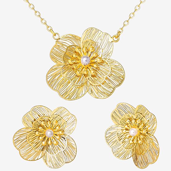 JS Jessica Simpson Gold Tone Pendant Necklace & Stud Earring Womens White Simulated Pearl Flower 3-pc. Jewelry Set