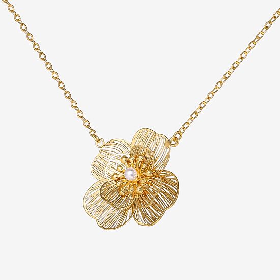 JS Jessica Simpson Gold Tone Pendant Necklace & Stud Earring Womens White Simulated Pearl Flower 3-pc. Jewelry Set