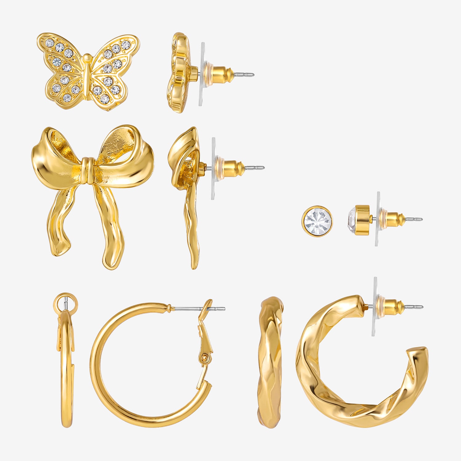 JS Jessica Simpson Gold Tone Hoop & Stud Womens Glass Bow Butterfly 5 Pair Earring Set
