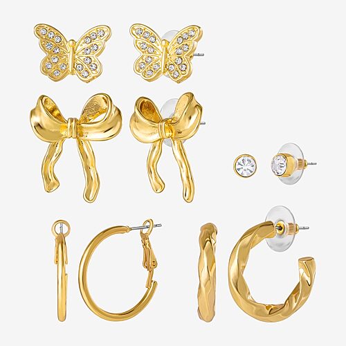 JS Jessica Simpson Gold Tone Hoop & Stud Womens Glass Bow Butterfly 5 Pair Earring Set, One Size, Yellow