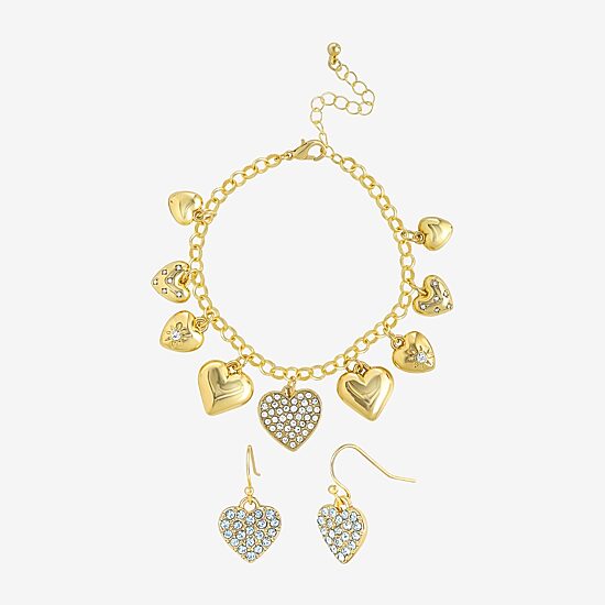 JS Jessica Simpson Gold Tone Charm Bracelet & Drop Earring Womens Crystal Heart 3-pc. Jewelry Set
