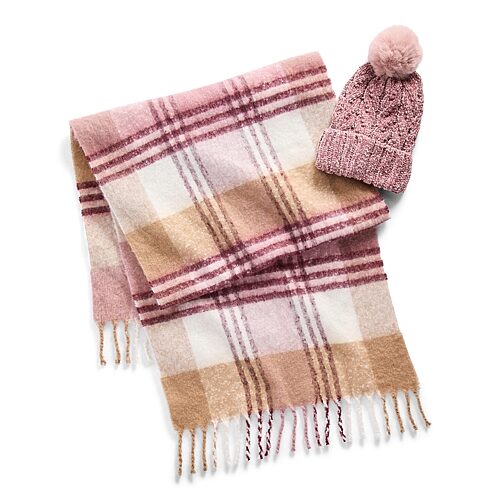 Mixit Chenille Beanie Plaid Muffler 1 Pair Cold Weather Set In Pink