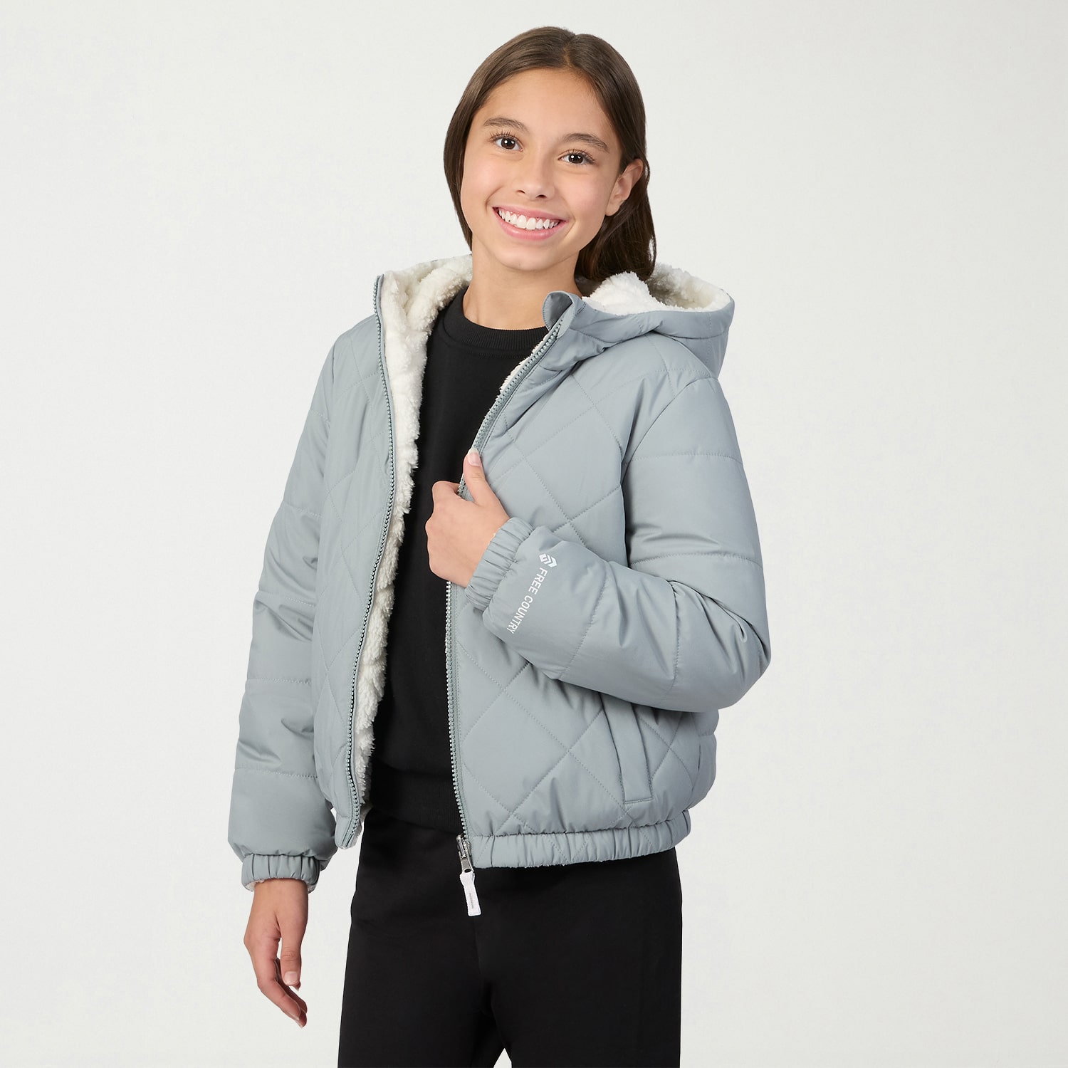 Free Country Big Kid Girls Hooded Reversible Midweight Quilted Jacket