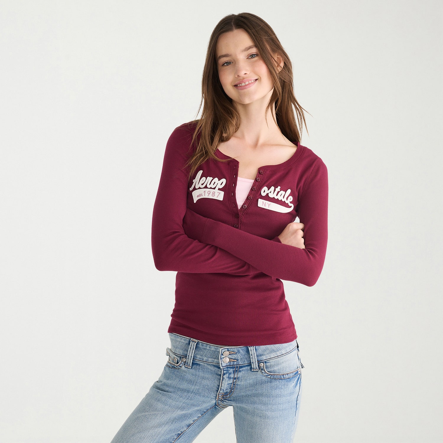 AEROPOSTALE Womens Juniors Long Sleeve Regular Fit Henley Shirt