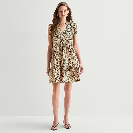 52seven Womens V Neck Sleeveless Ruffled Animal Fit + Flare Dress