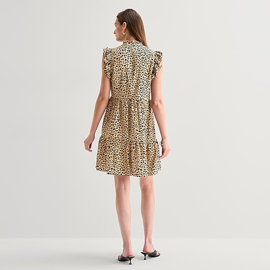 52seven Womens V Neck Sleeveless Ruffled Animal Fit + Flare Dress