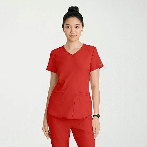 Skechers Sk101 Breeze 3-Pocket Curved Womens V Neck Short Sleeve Tag Free Stretch Fabric Moisture Wicking Scrub Top, X-large, Red