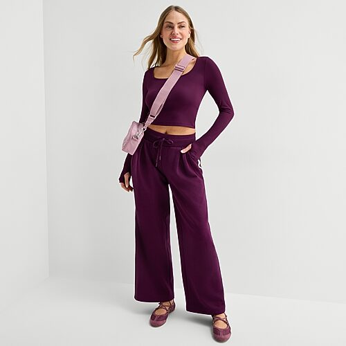Xersion Womens Wide Leg Mid Rise Regular Fit Fleece Sweatpant In Purple