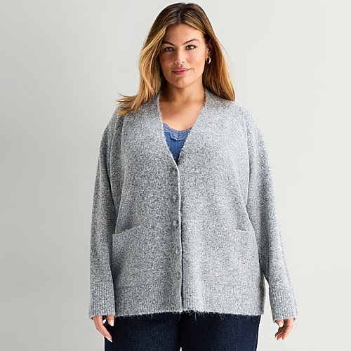 Ana Oversized Boyfriend Womens V Neck Long Sleeve Button Plus Cardigan In Gray