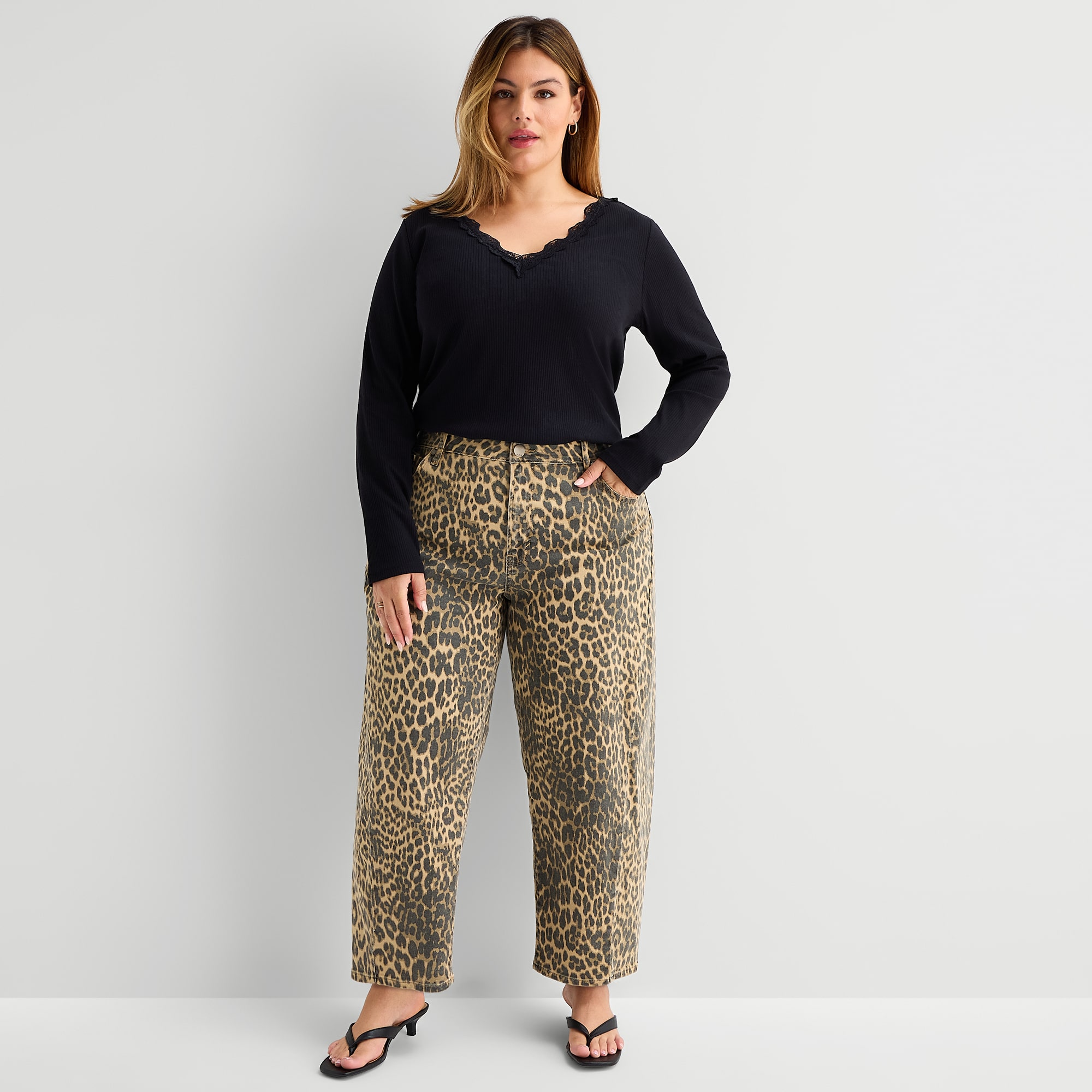 A.N.A Lace Trim Womens Plus V Neck Long Sleeve T-Shirt