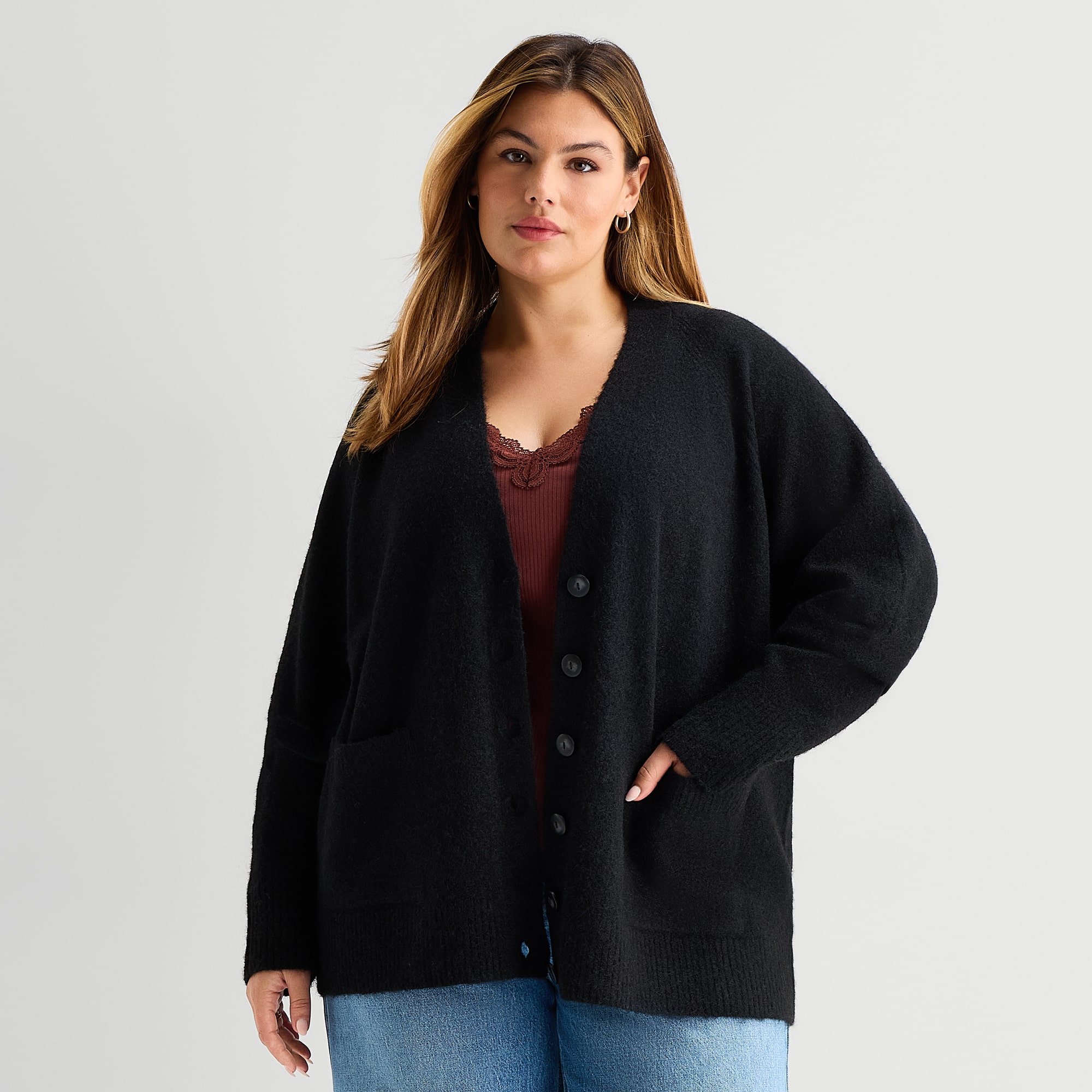 A.N.A Oversized Boyfriend Womens V Neck Long Sleeve Button Plus Cardigan