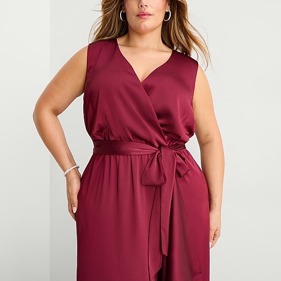 Premier Amour Womens Plus High-Low V Neck Sleeveless Satin Evening Gown
