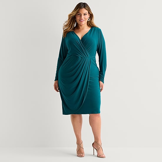 Premier Amour Womens Plus V Neck Long Sleeve Sheath Dress