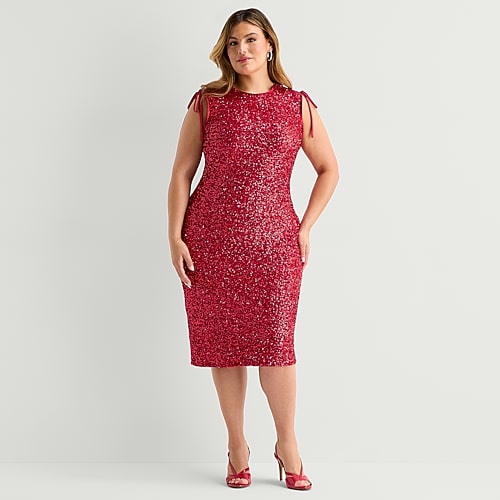 Premier Amour Womens Plus Midi Scoop Neck Sleeveless Sheath Dress In Red