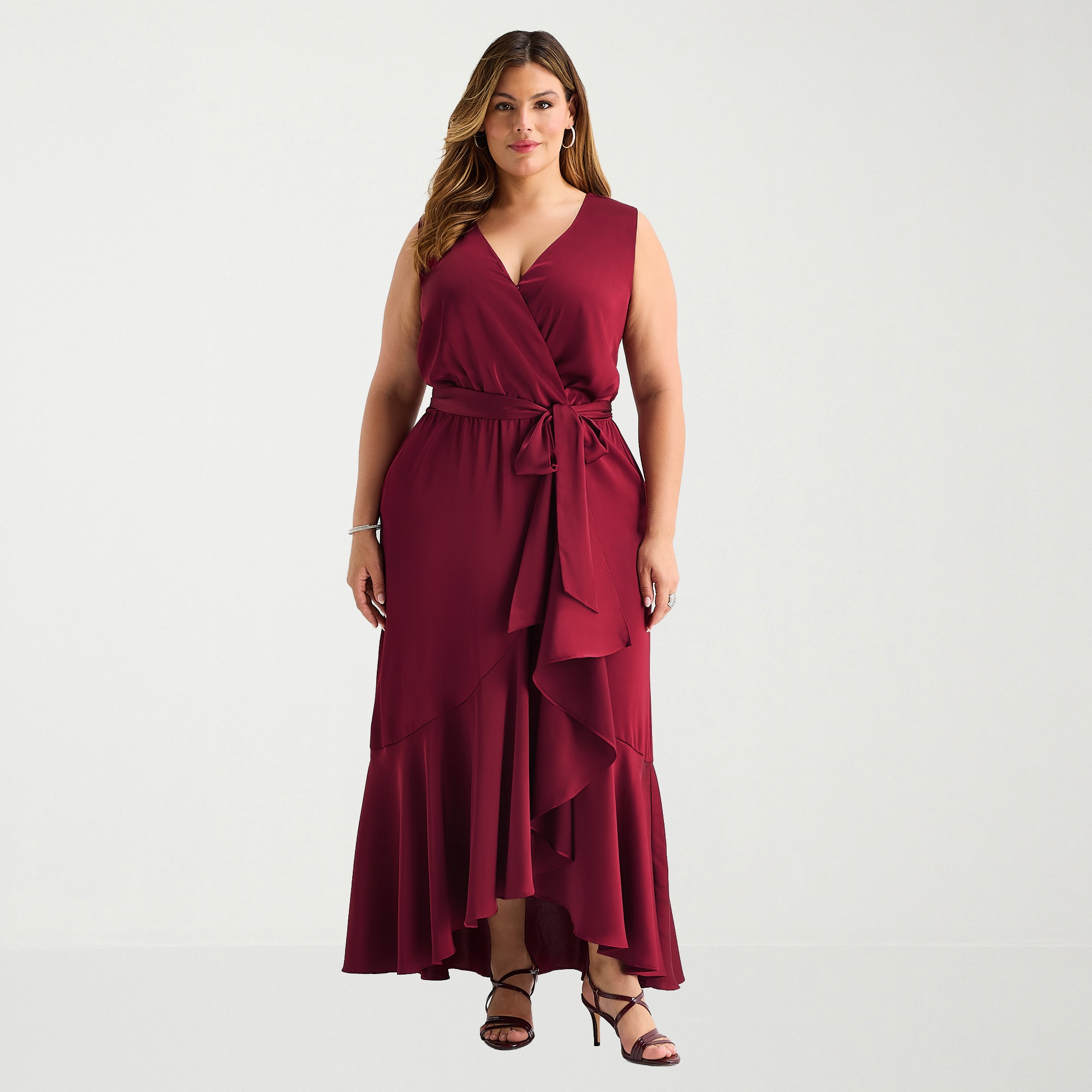 Premier Amour Womens Plus High-Low V Neck Sleeveless Satin Evening Gown