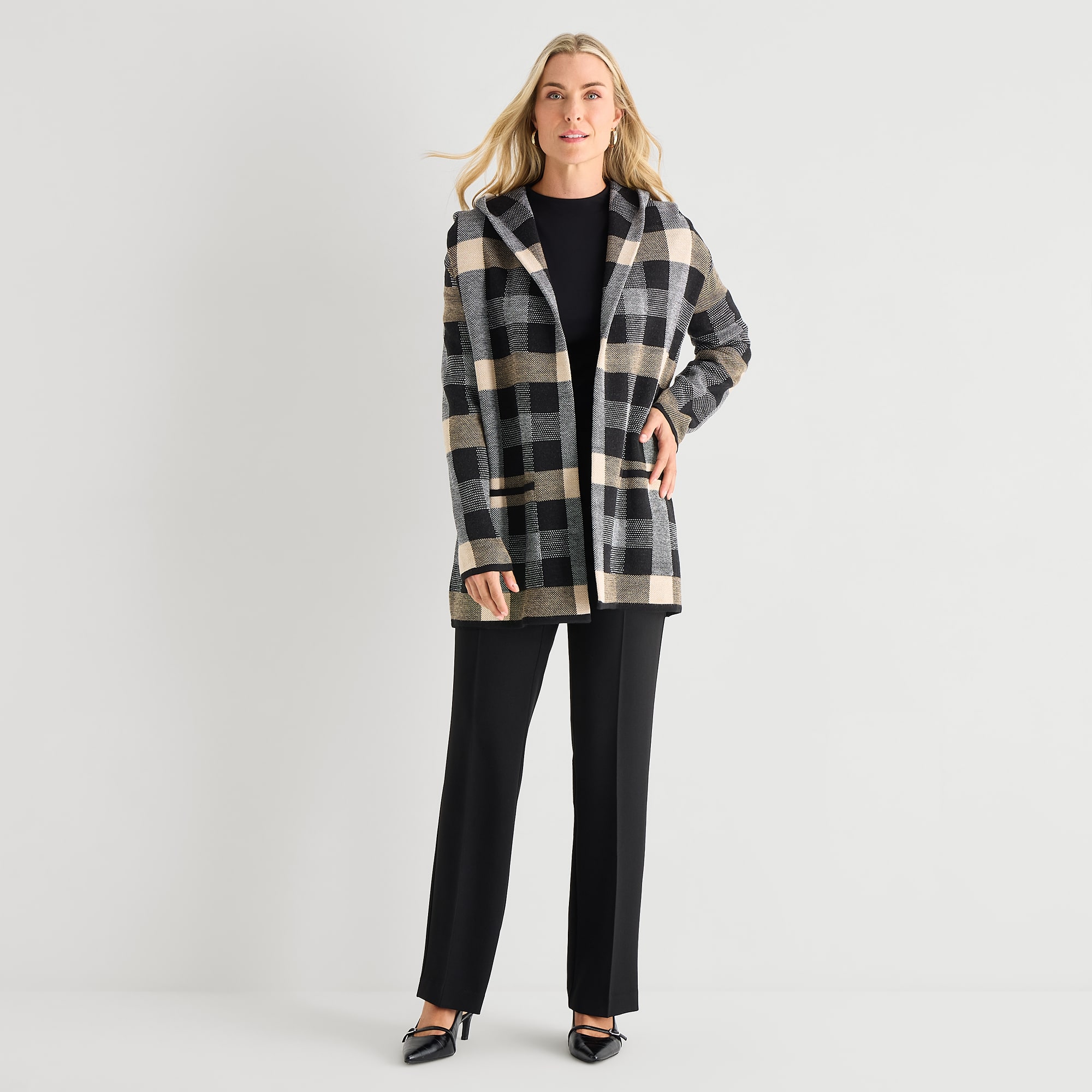 Black Label by Evan-Picone Womens Hooded Long Sleeve Open Front Plaid Cardigan