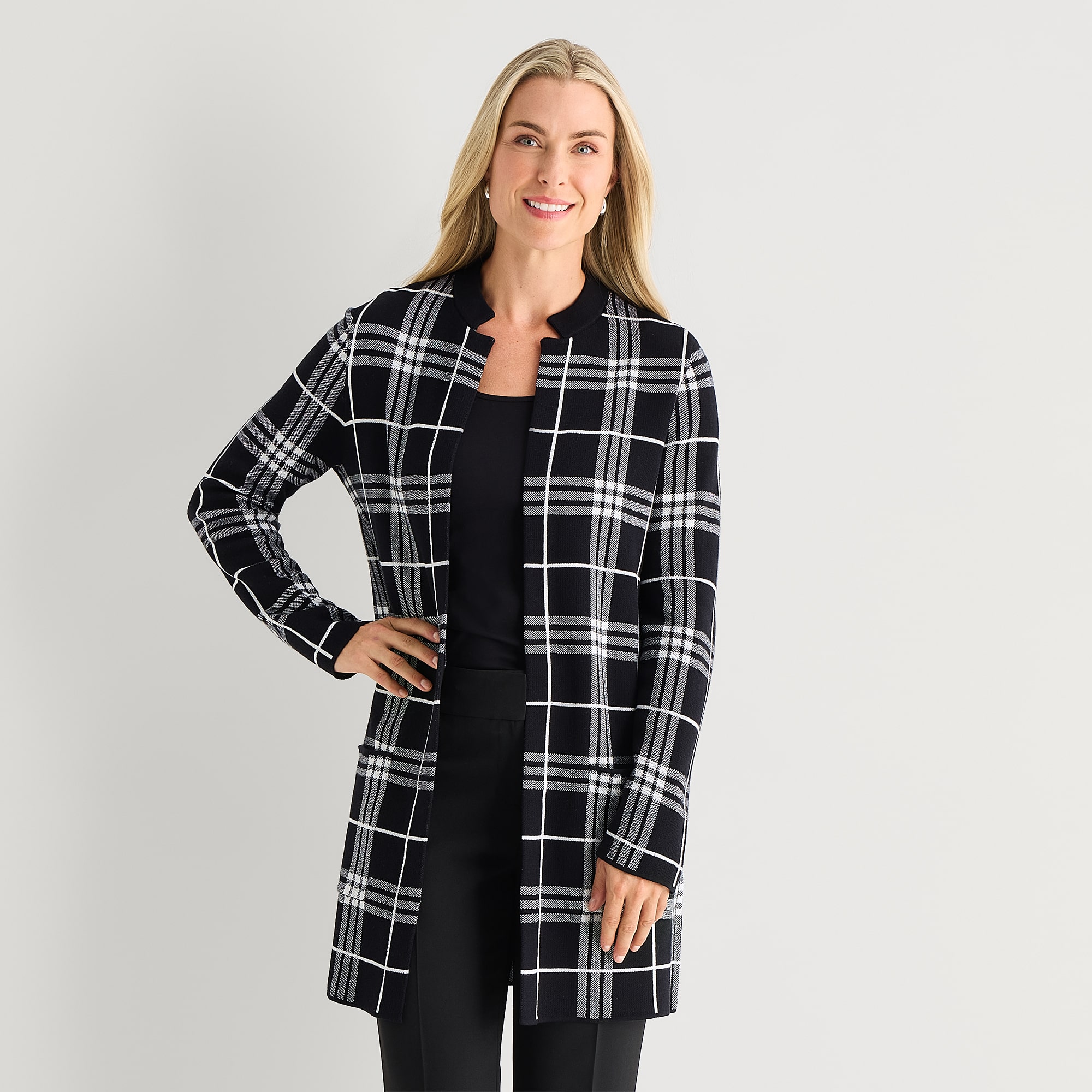 Black Label by Evan-Picone Womens Notch Neck Long Sleeve Open Front Petite Windowpane Cardigan