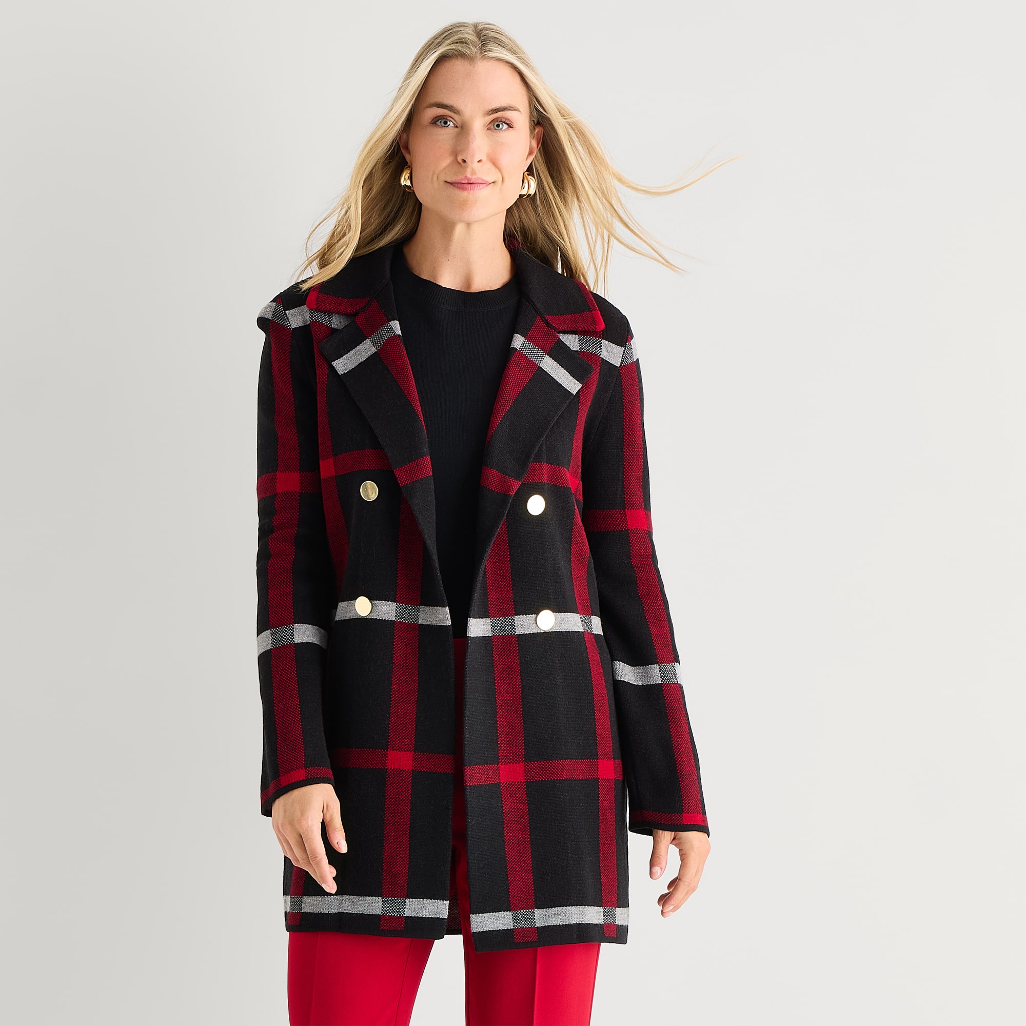 Black Label by Evan-Picone Womens Long Sleeve Open Front Plaid Cardigan