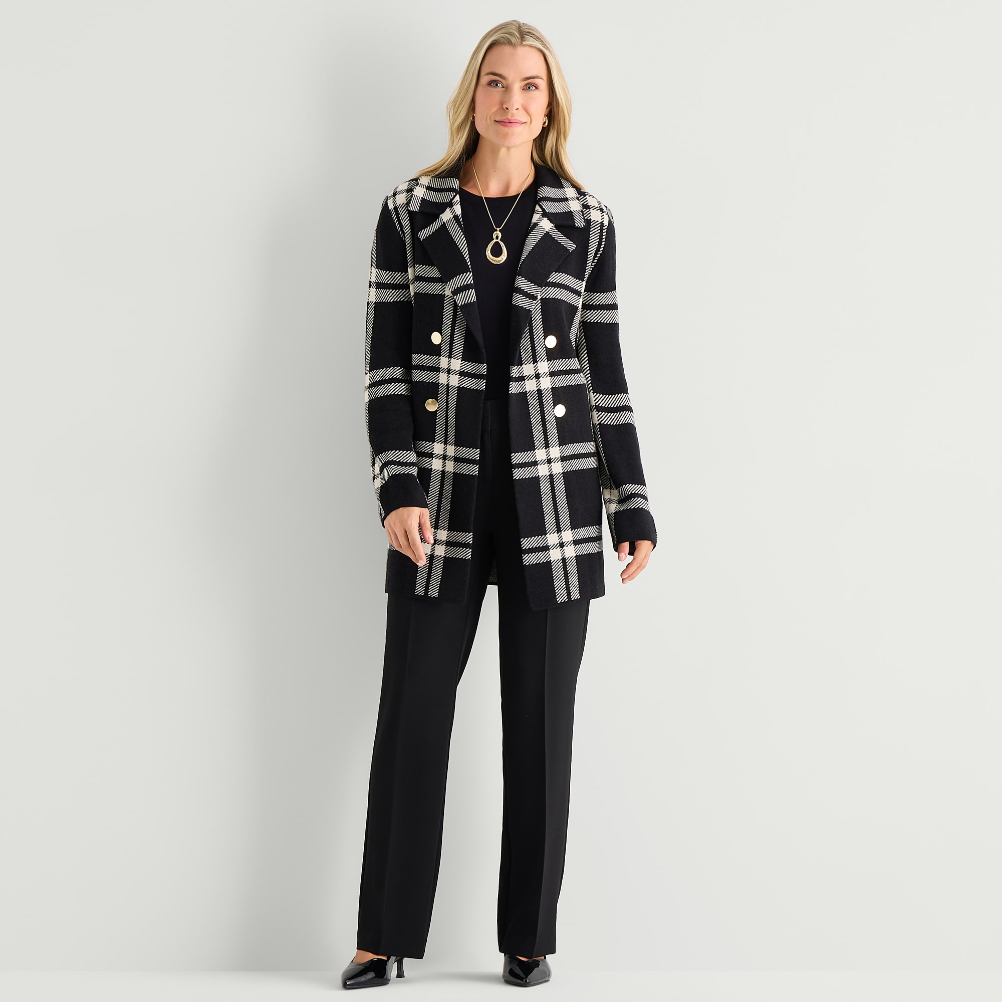 Black Label by Evan-Picone Womens Long Sleeve Open Front Petite Plaid Cardigan