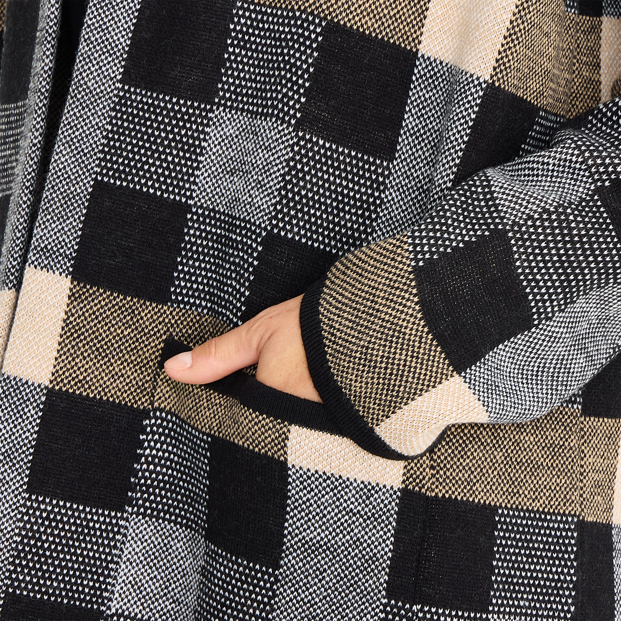 Black Label by Evan-Picone Womens Hooded Long Sleeve Open Front Plaid Cardigan