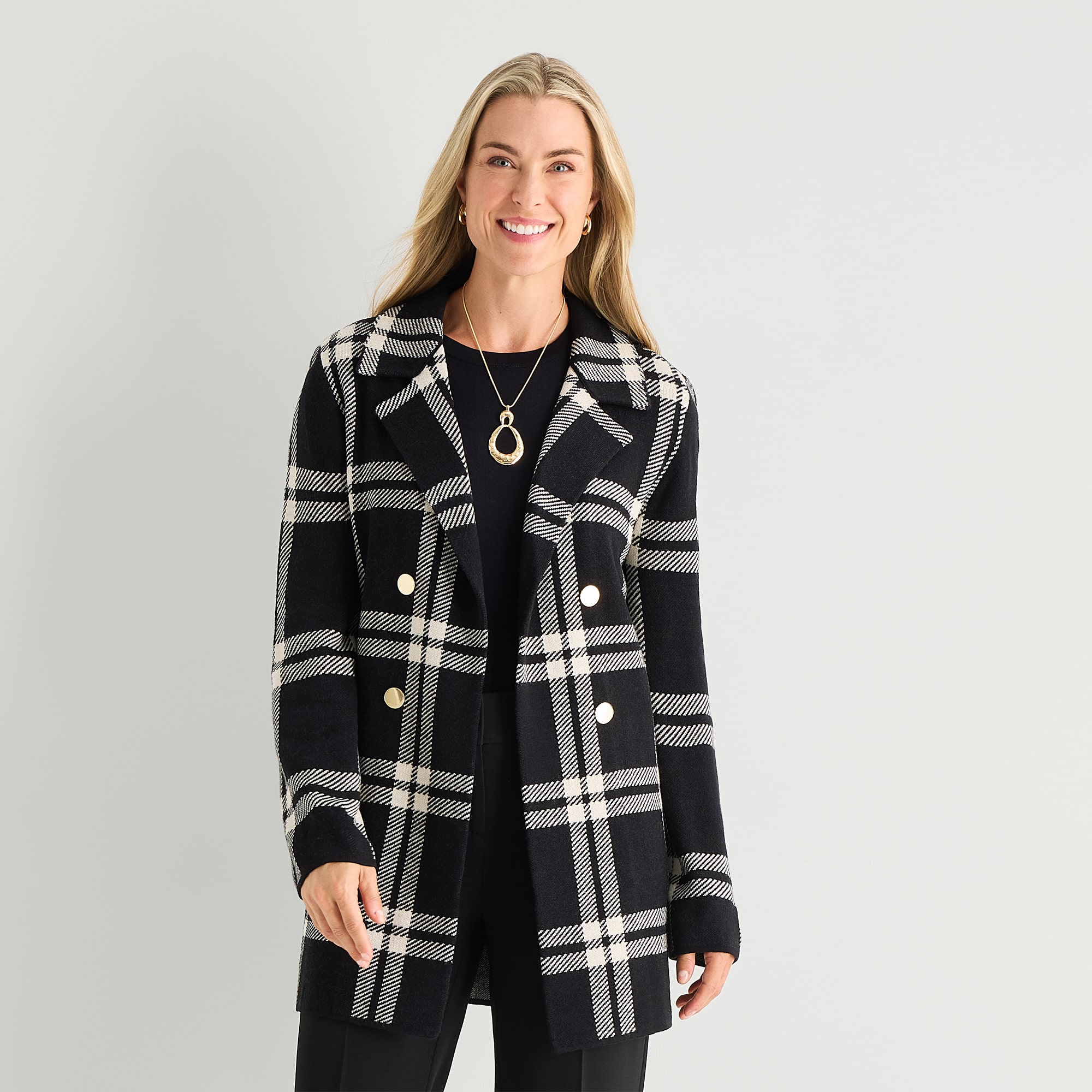 Black Label by Evan-Picone Womens Long Sleeve Open Front Petite Plaid Cardigan