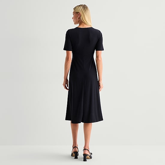 MSK Womens Petite Midi V Neck Short Sleeve Fit + Flare Dress
