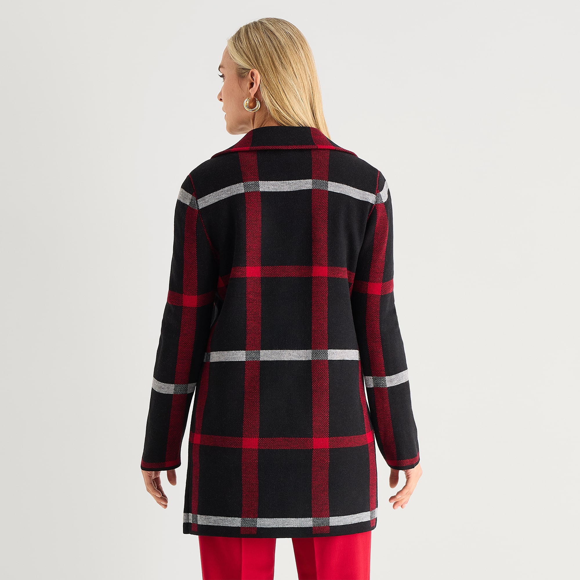 Black Label by Evan-Picone Womens Long Sleeve Open Front Plaid Cardigan