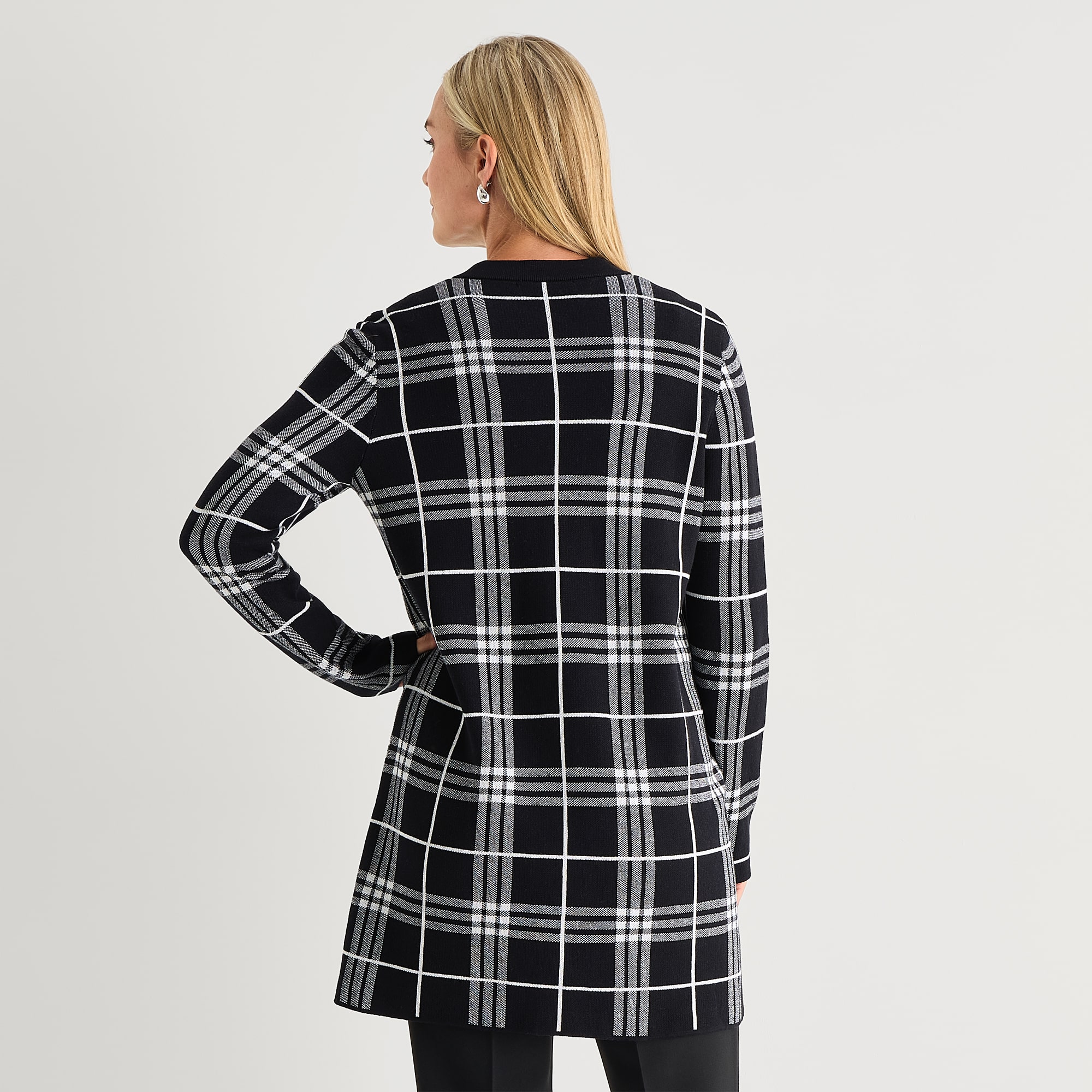 Black Label by Evan-Picone Womens Notch Neck Long Sleeve Open Front Windowpane Cardigan