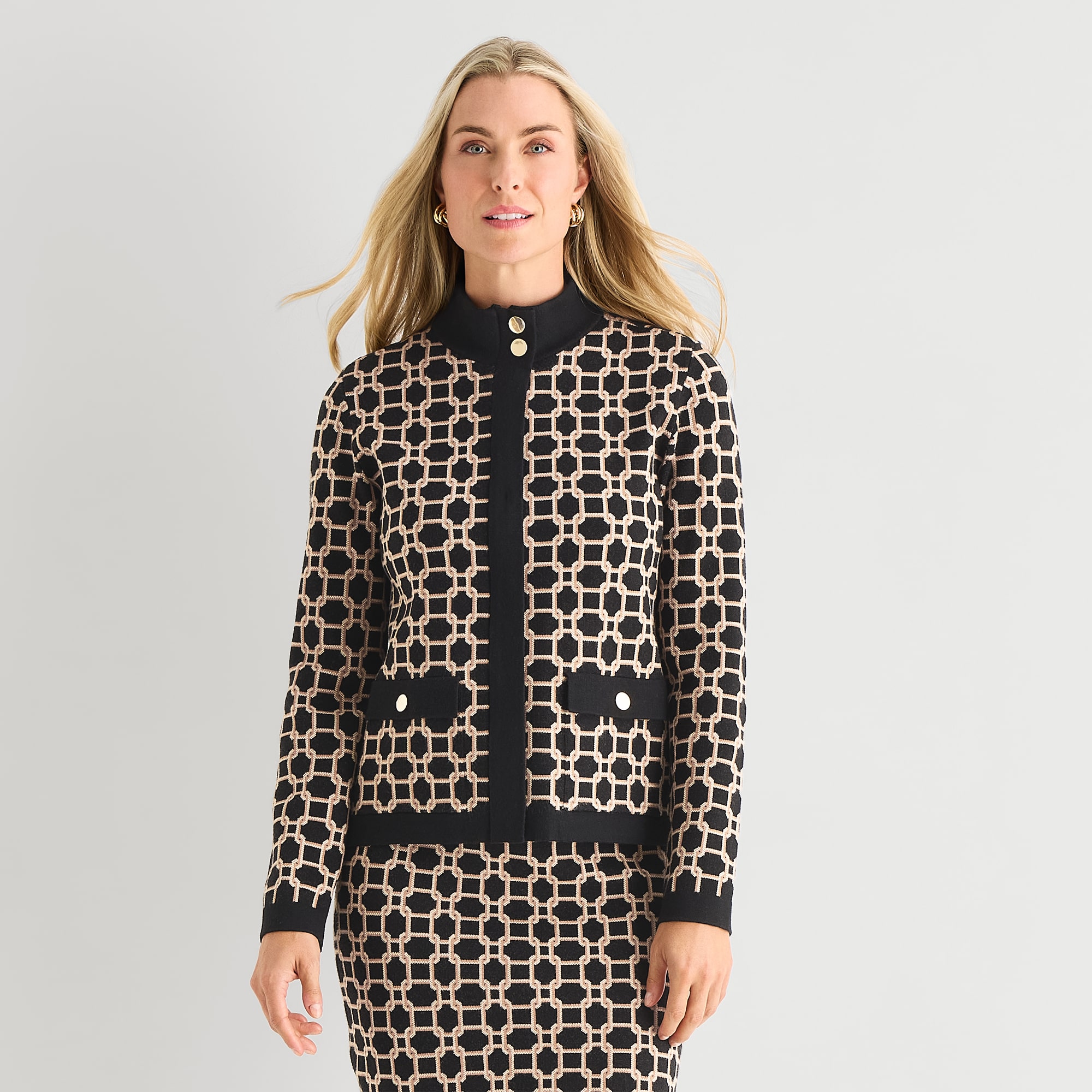 Black Label by Evan-Picone Womens High Neck Long Sleeve Zipper Cardigan
